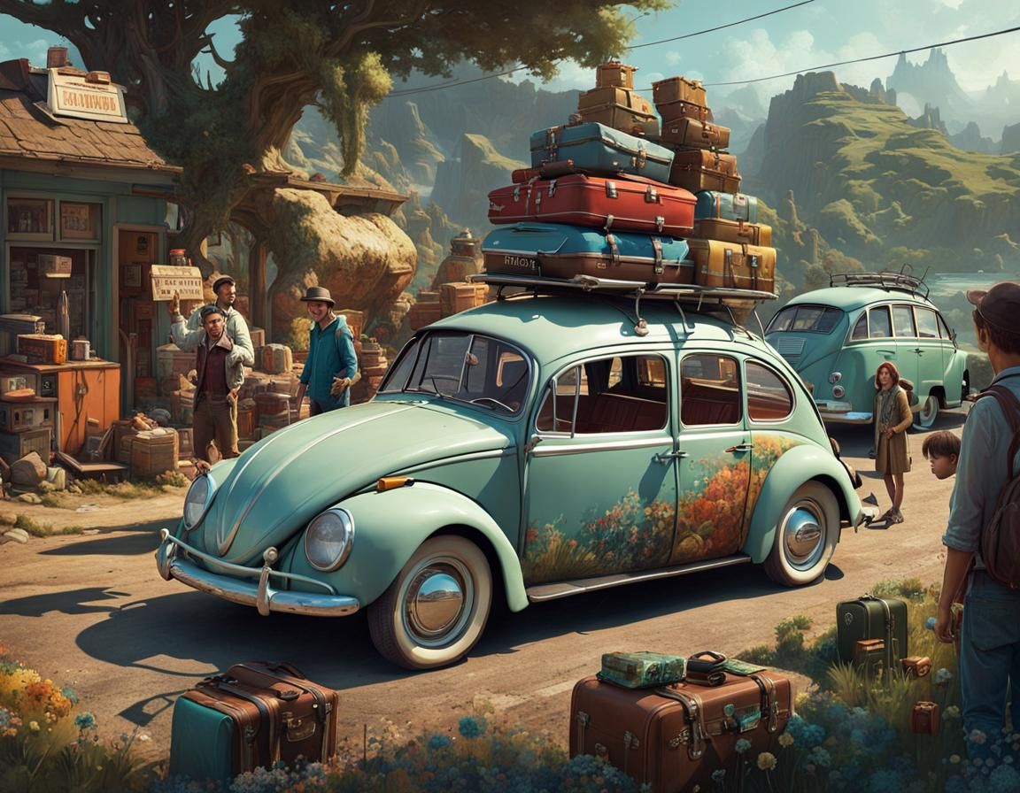 Retro-Futuristic Family Road Trip in Vibrant Fantasycore Sty...