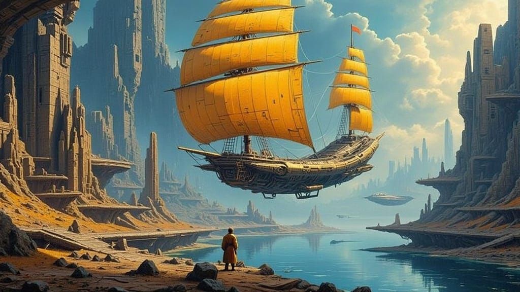 Solar Sail Ship Approaches Space Harbor