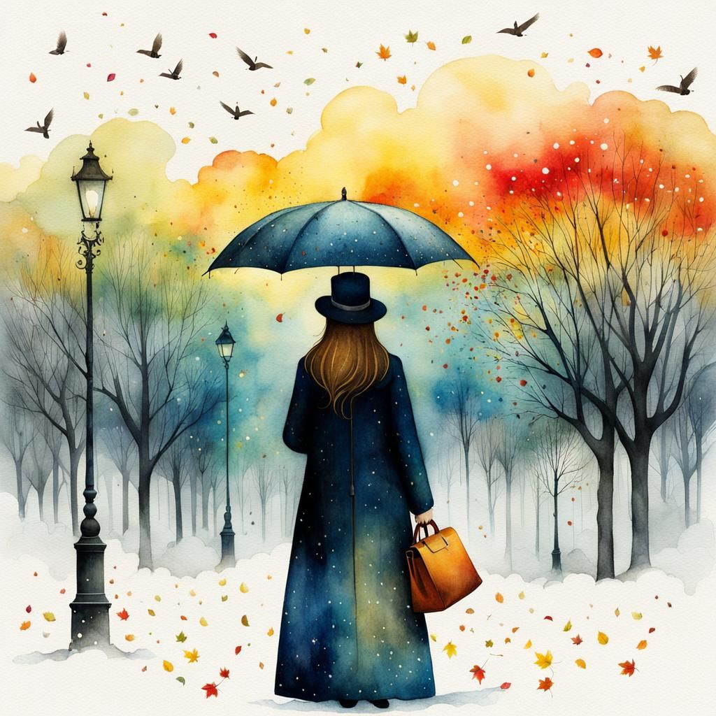 Whimsical Windy Night Scene in Vibrant Watercolour Style