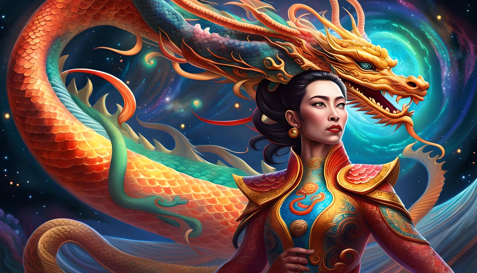 Celestial Naga Queen Soaring Through Galaxy