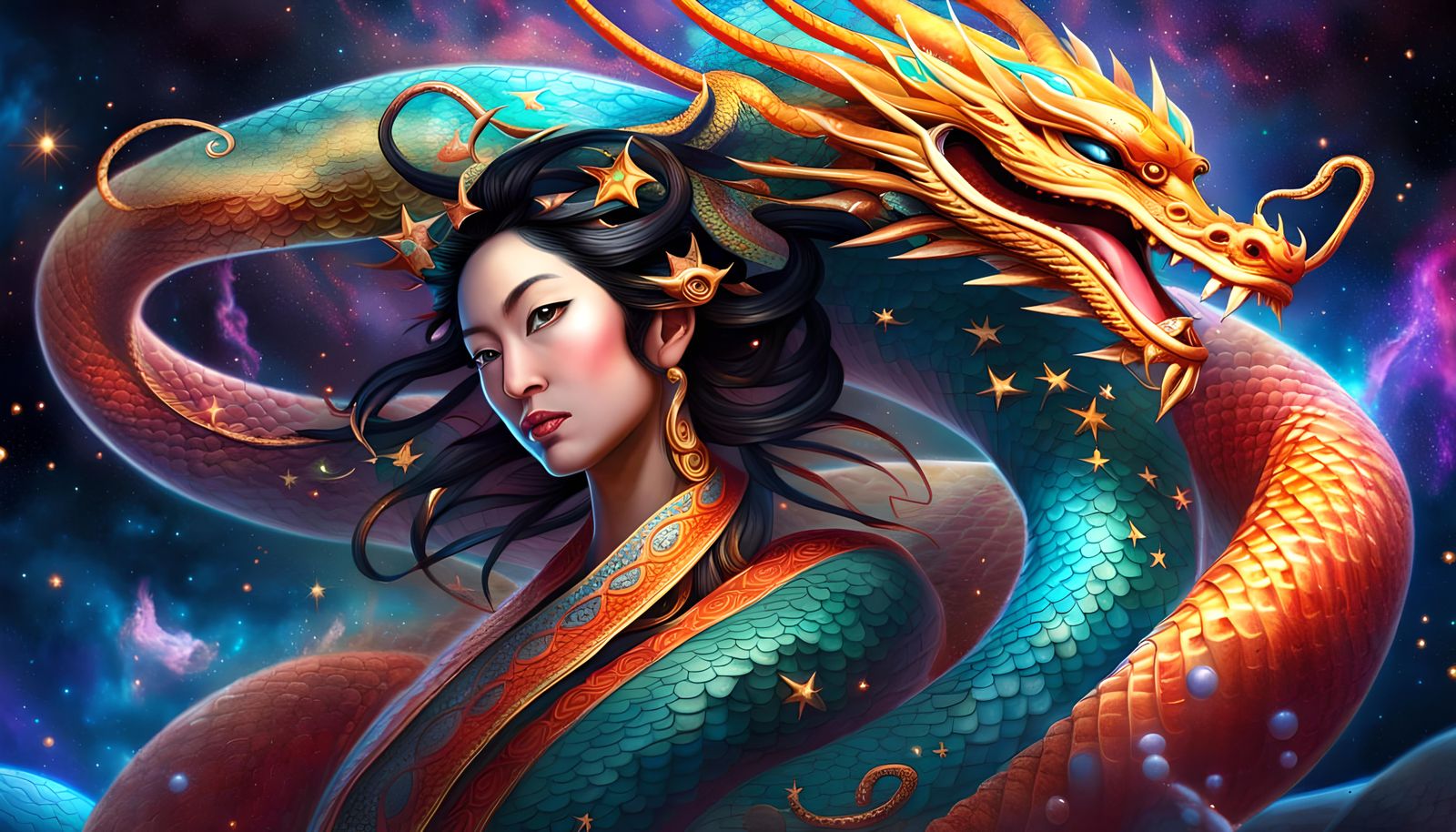 Celestial Naga Queen Circling Galaxy in Splash Art