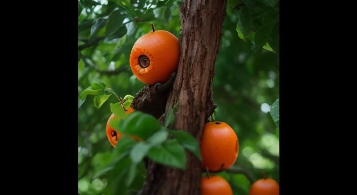 Surreal Orange Fruit Tree Monster in a Dreamlike Ecosystem
