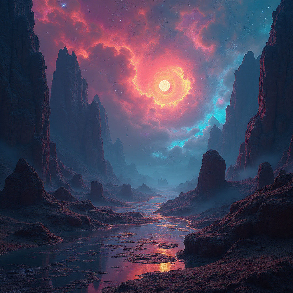 Surreal Cosmic Realm Unveiled in Vibrant, Jewel-Toned Blackn...