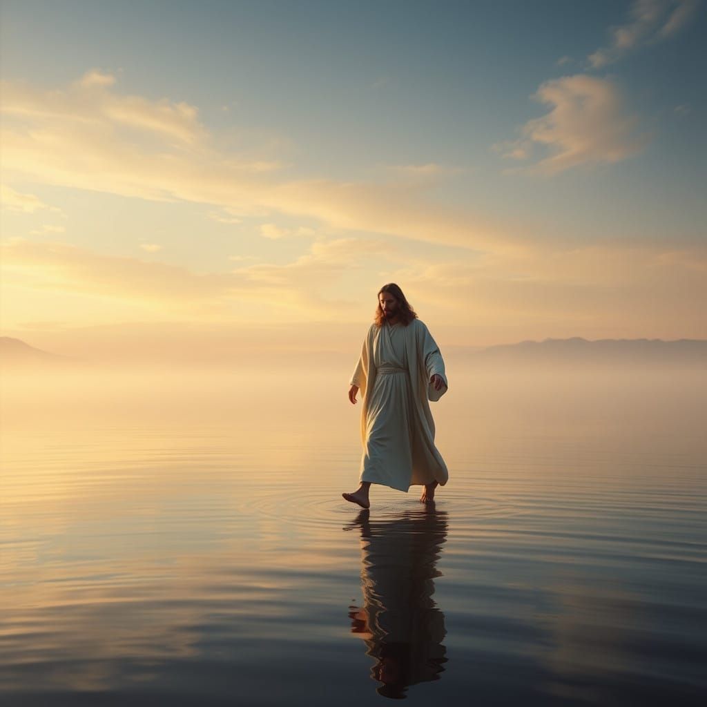 Biblical Figure Walks on Serene Lake at Dawn