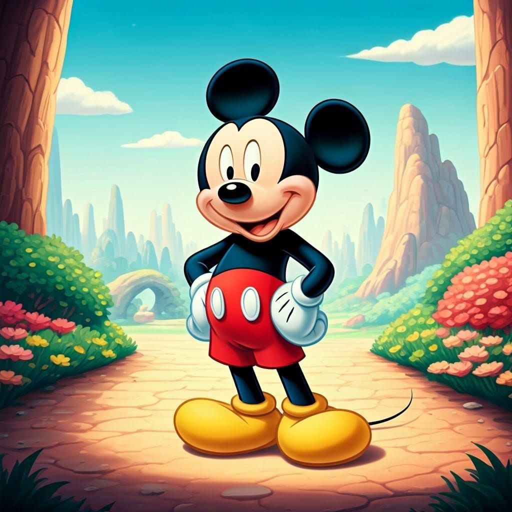 Disney-Inspired Mickey Mouse in Whimsical Cartoon Landscape