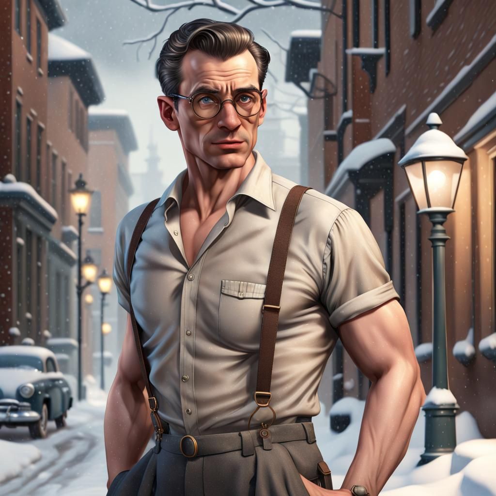 Handsome 1950s Detective in Snowy Street Corner