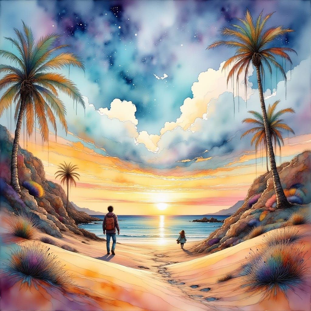 Dunes Meet Ocean in Vibrant Ink Painting