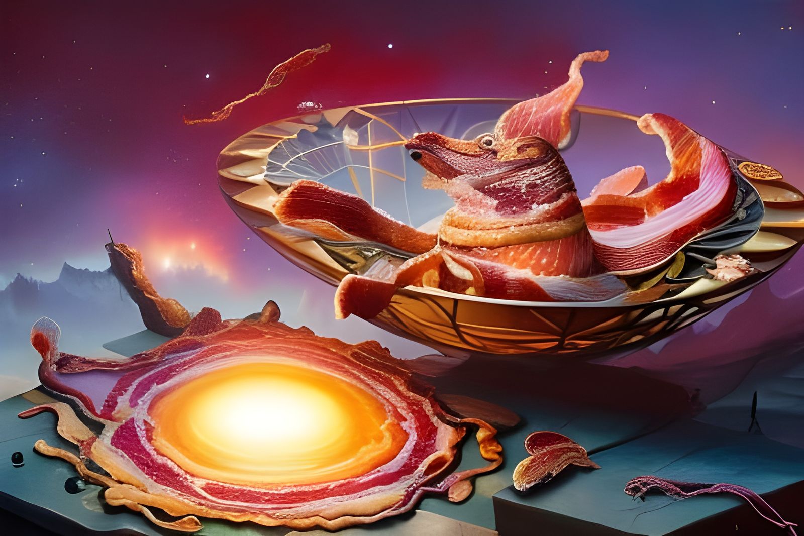 Surreal God Devours Cosmic Bacon and Eggs in Photorealistic...