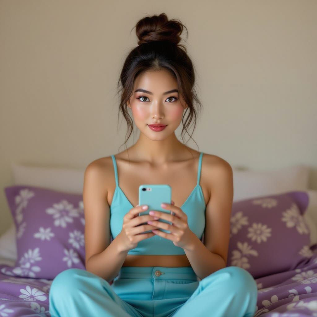 Young Asian Woman in Turquoise Outfit on Bed