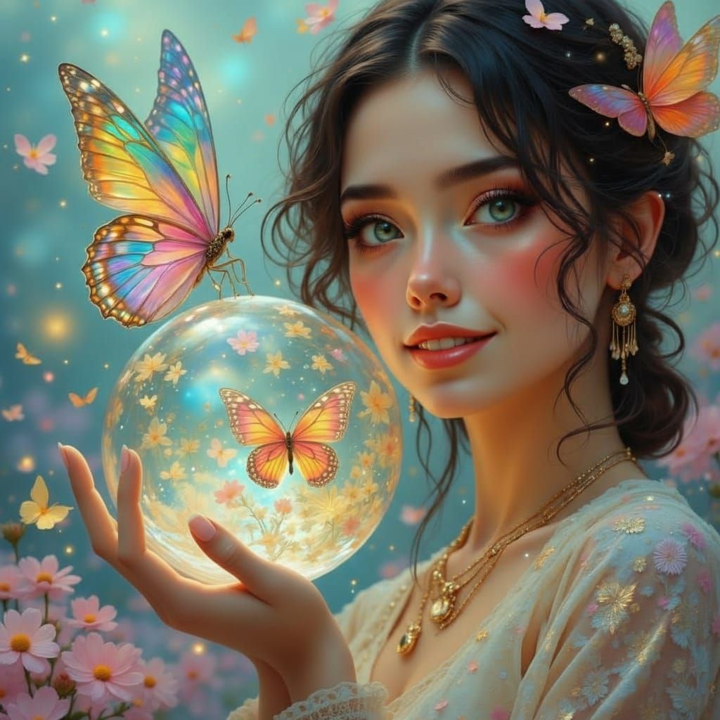 Woman Holds Butterfly Globe in Hyper-Realistic Anime Style