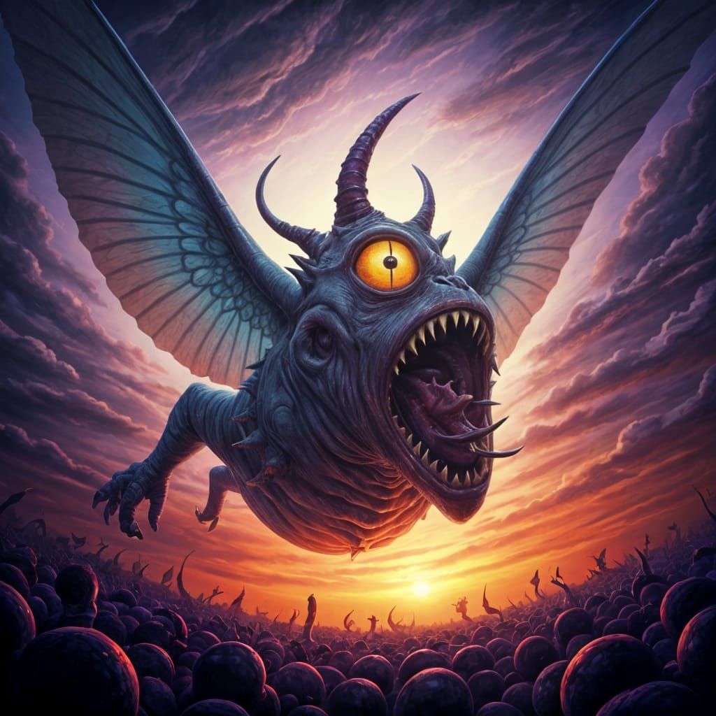 Flying Purple Monster in a Whimsical Fantasy Landscape