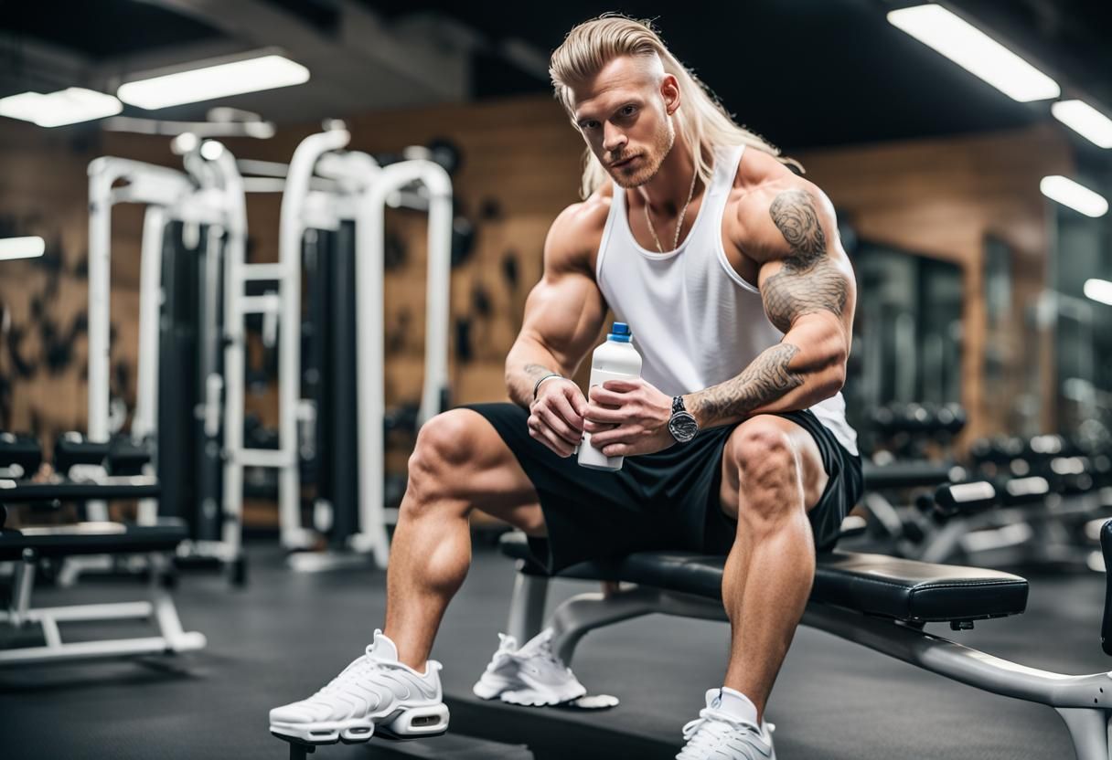 Bodybilder sitting on a bench in a gym