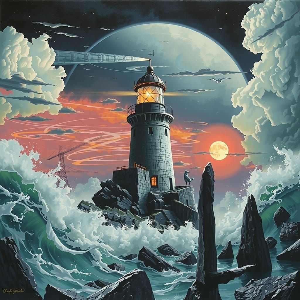 Gothic Lighthouse on Basalt Rocks in Dark Surrealism Style