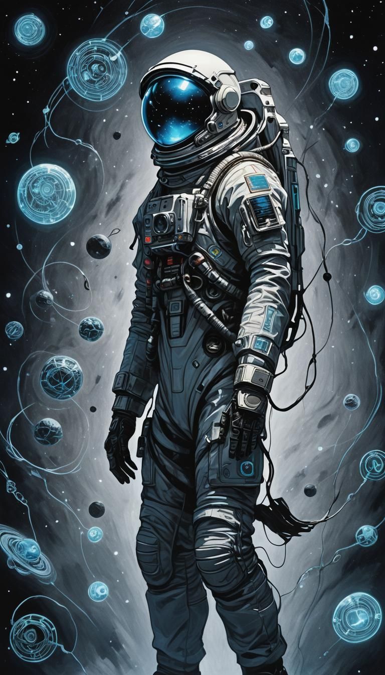 Astronaut in Alien Symbol-Decorated Space Suit Communicates...