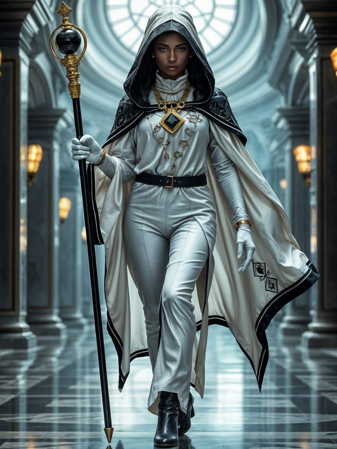 Regal Woman Dominates Futuristic Palace with Staff and Symbo...