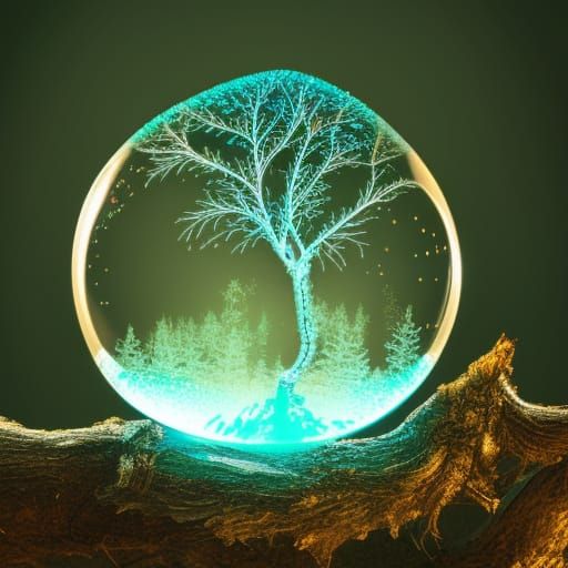 Surrealistic Glass World with Tree and Cosmic Energy