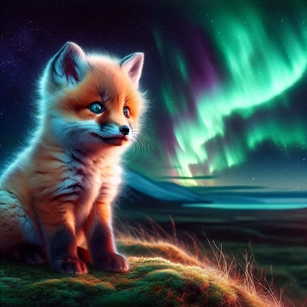 A Baby Fox Gazing at the Northern Lights in Vibrant Colors