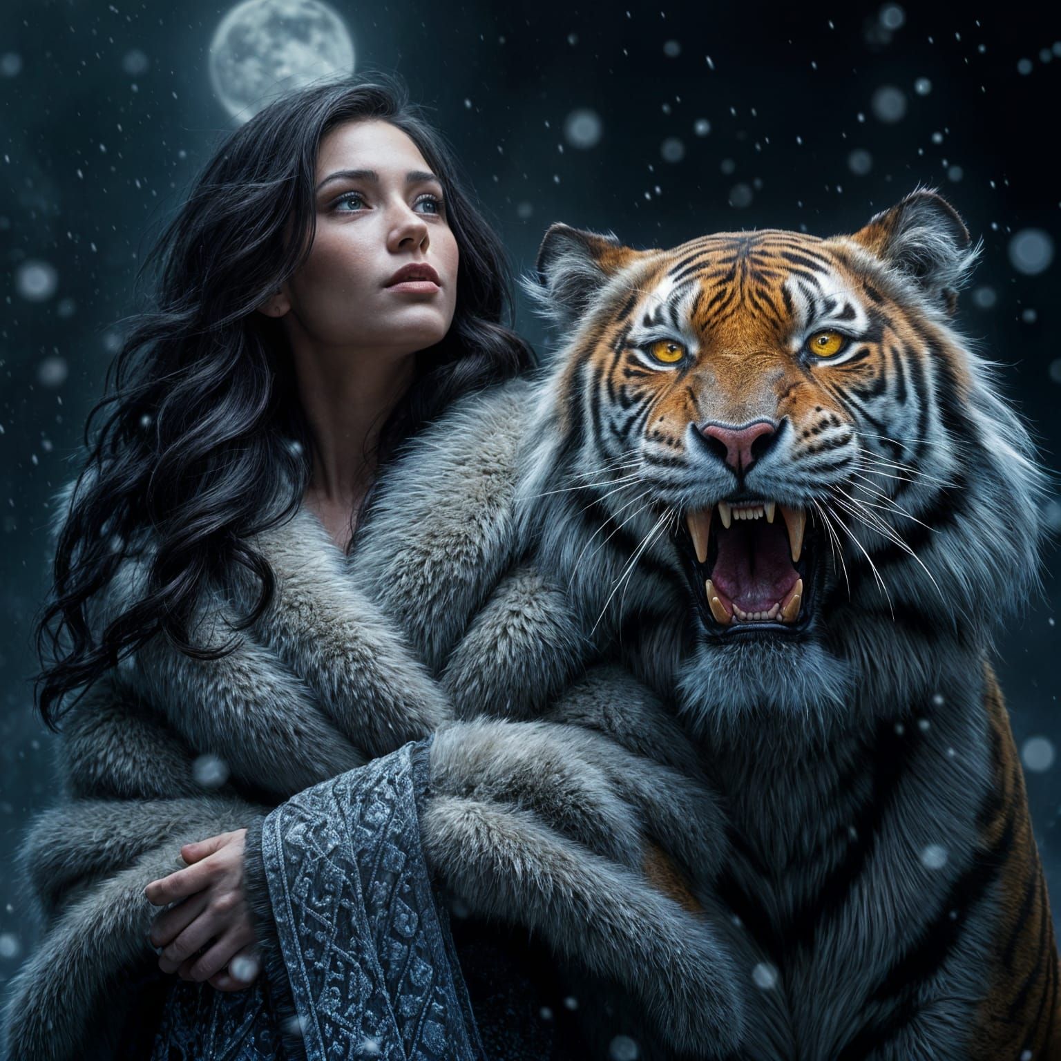 Snowy Night Portrait of a Woman and Sabertooth Tiger
