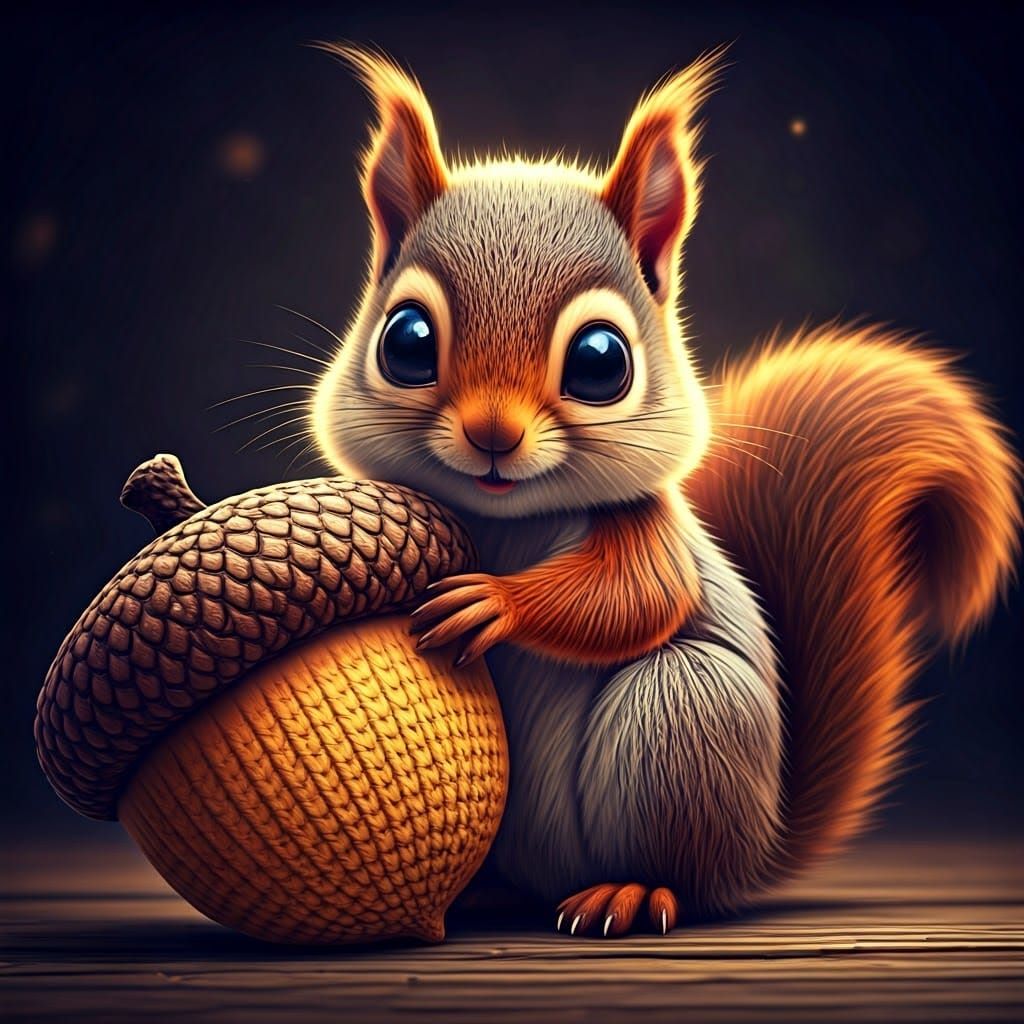Whimsical Baby Squirrel Hugs Oversized Acorn