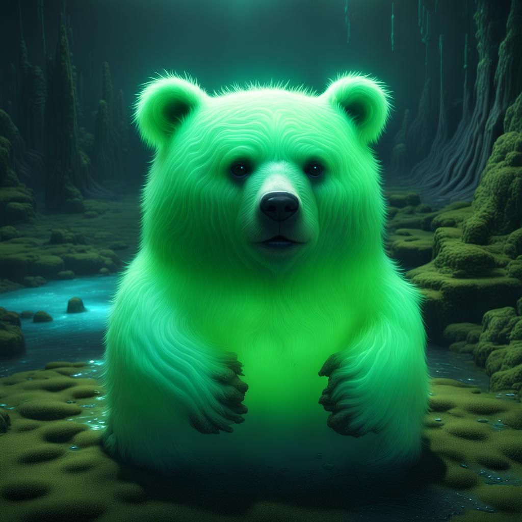 Glowing Bioluminescent Bear in Vibrant Slime Oasis