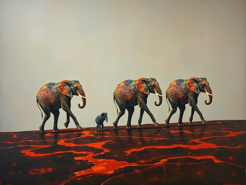 Epoxy Elephants in Surreal Copper Landscape