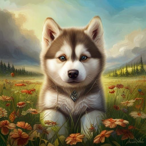Vibrant Malamute Cub Surprised in a Serene Meadow