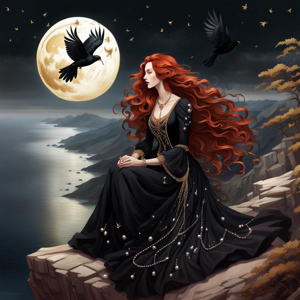 Victorian Gothic Woman Surveys a Moonlit Landscape