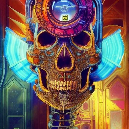Clockpunk Skull Robot in Gritty Industrial Style