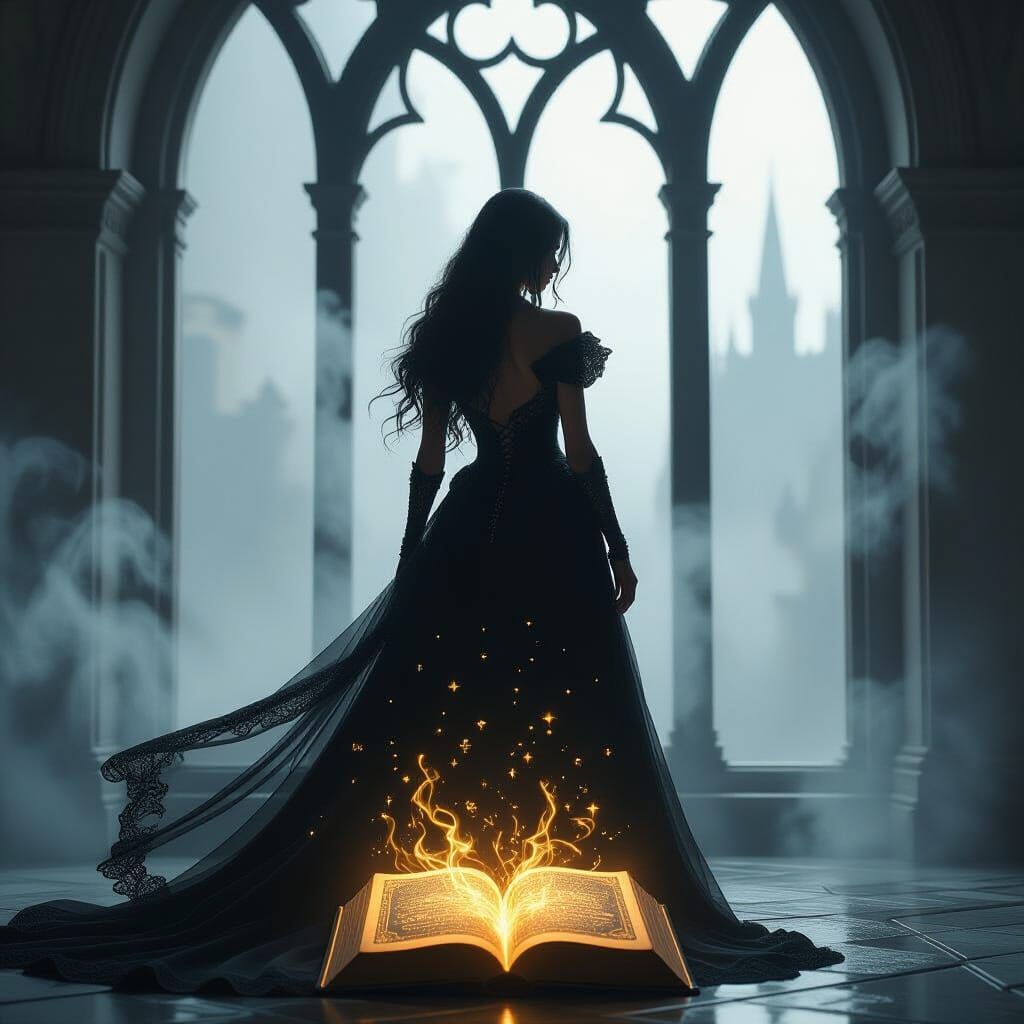 Gothic Woman in Silhouette at Dawn, Dark Fantasy Style
