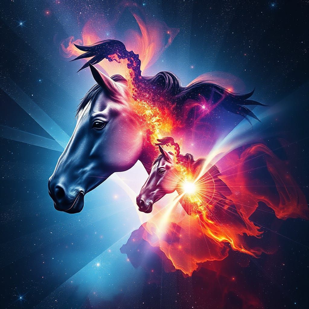 Surreal Galaxy Scene with Horse Head Shapes in Double Exposu...