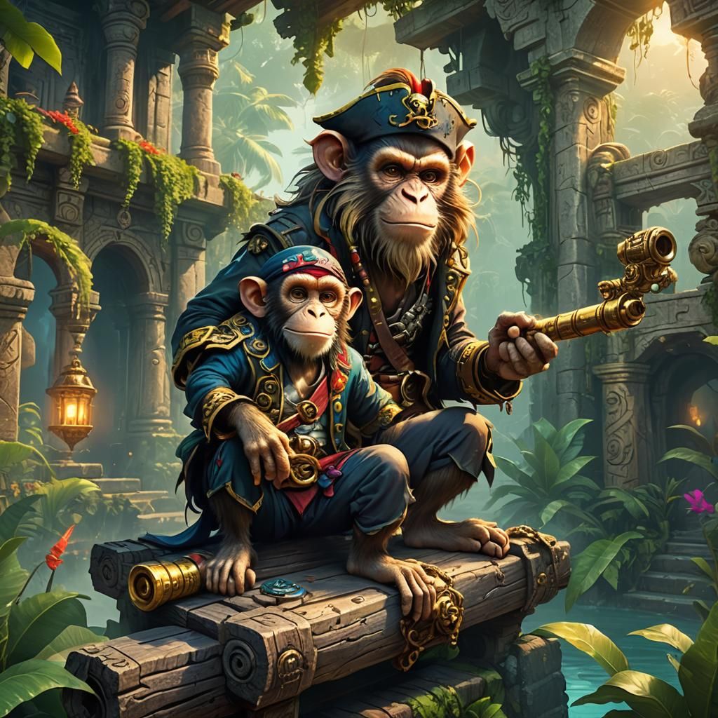 Pirate Monkey Cannoner Amidst Jungle Temple