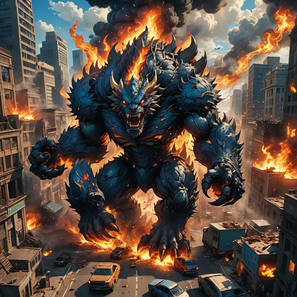Epic Dark Fantasy Battle: Giant Blue Monster Unleashes Chaos