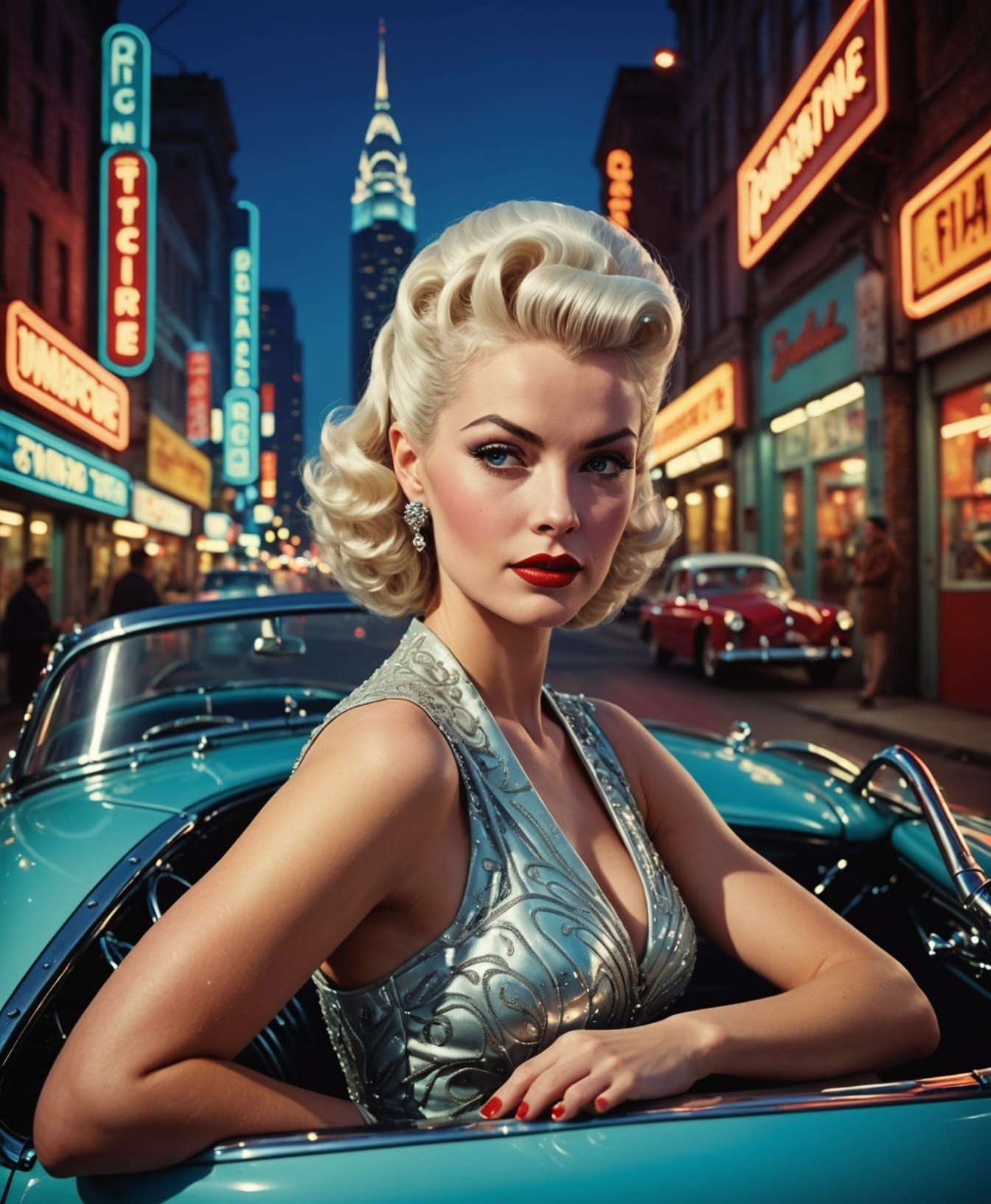 Pin-up style. Medium shot. A glamorous 1950s supermodel