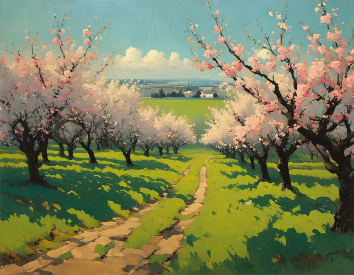 Apple Orchard in Bloom as Watercolor Painting