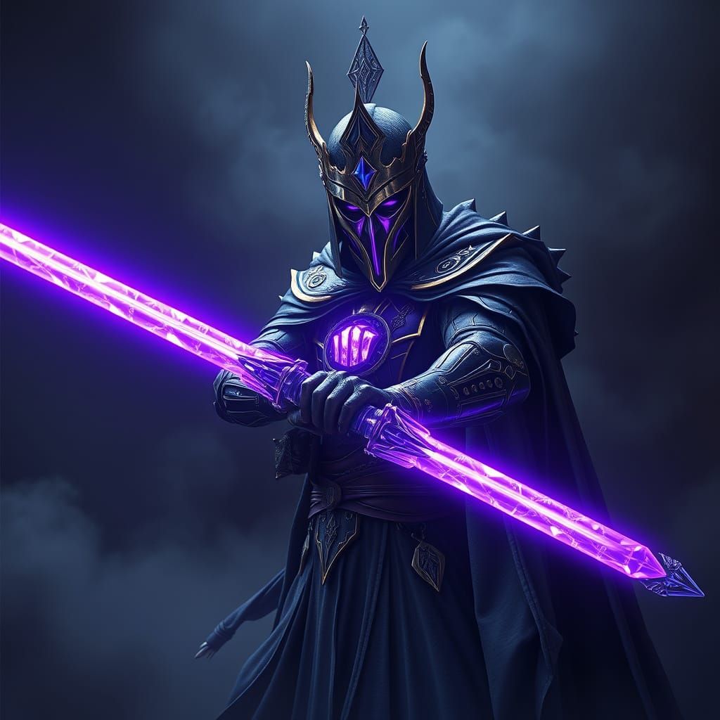 Regal Warrior Wields Purple Glowing Lightsaber in Ancient My...