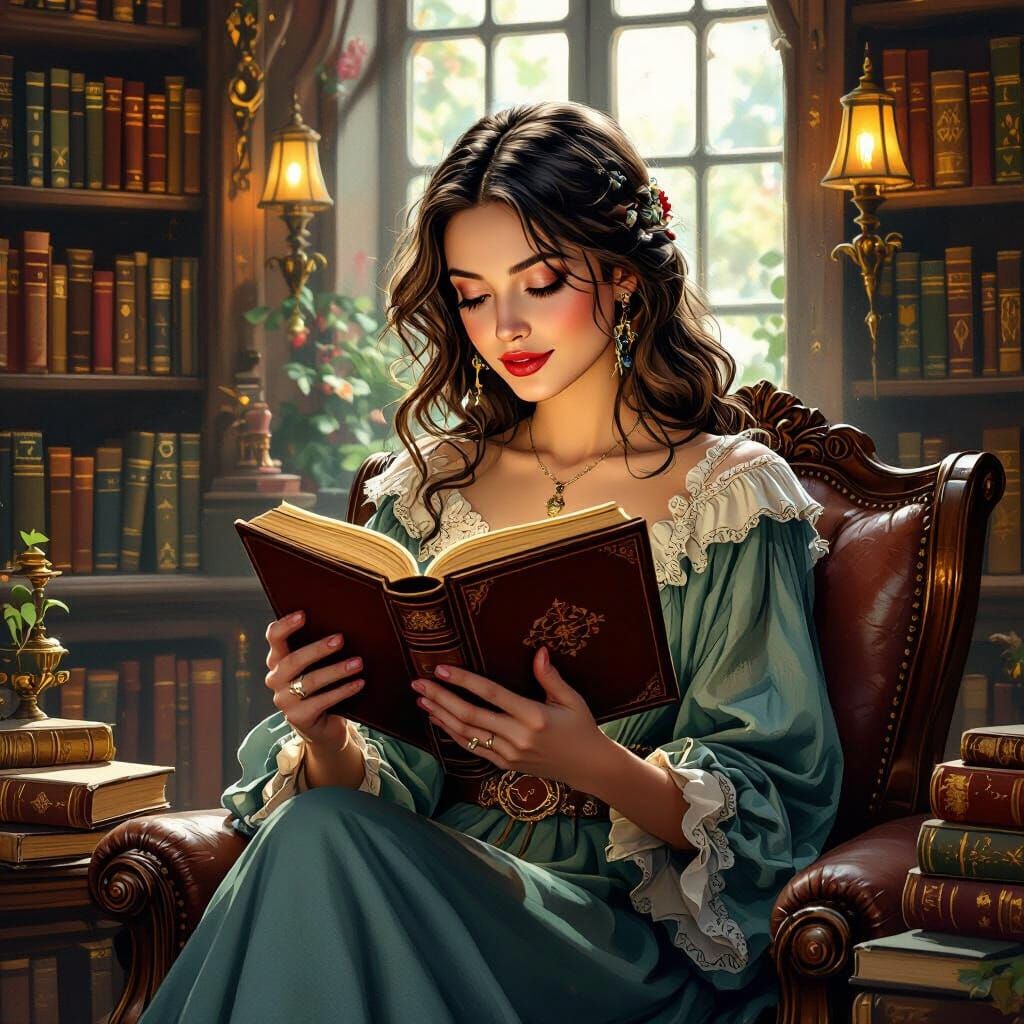 Woman Reading in Cozy Library in Whimsical Style