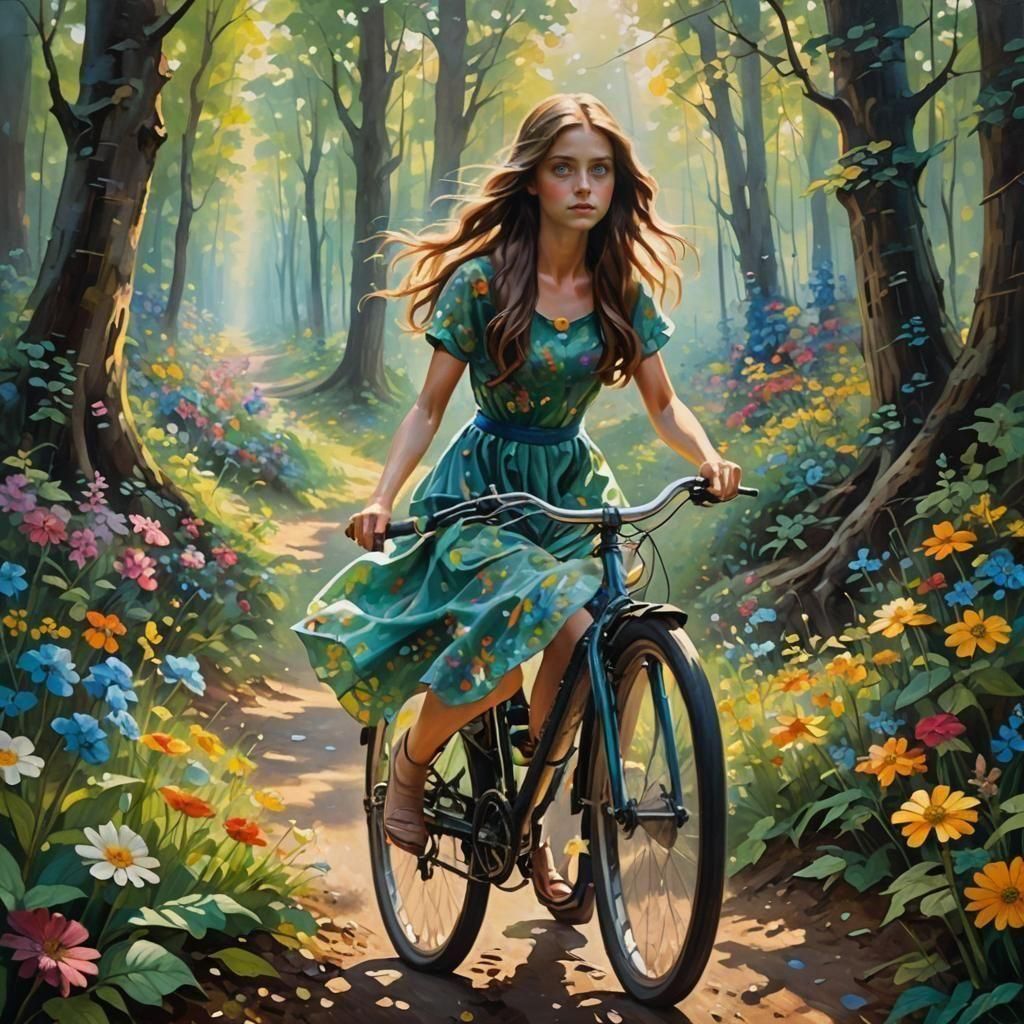 Girl Biking Through Forest in Photorealistic Style