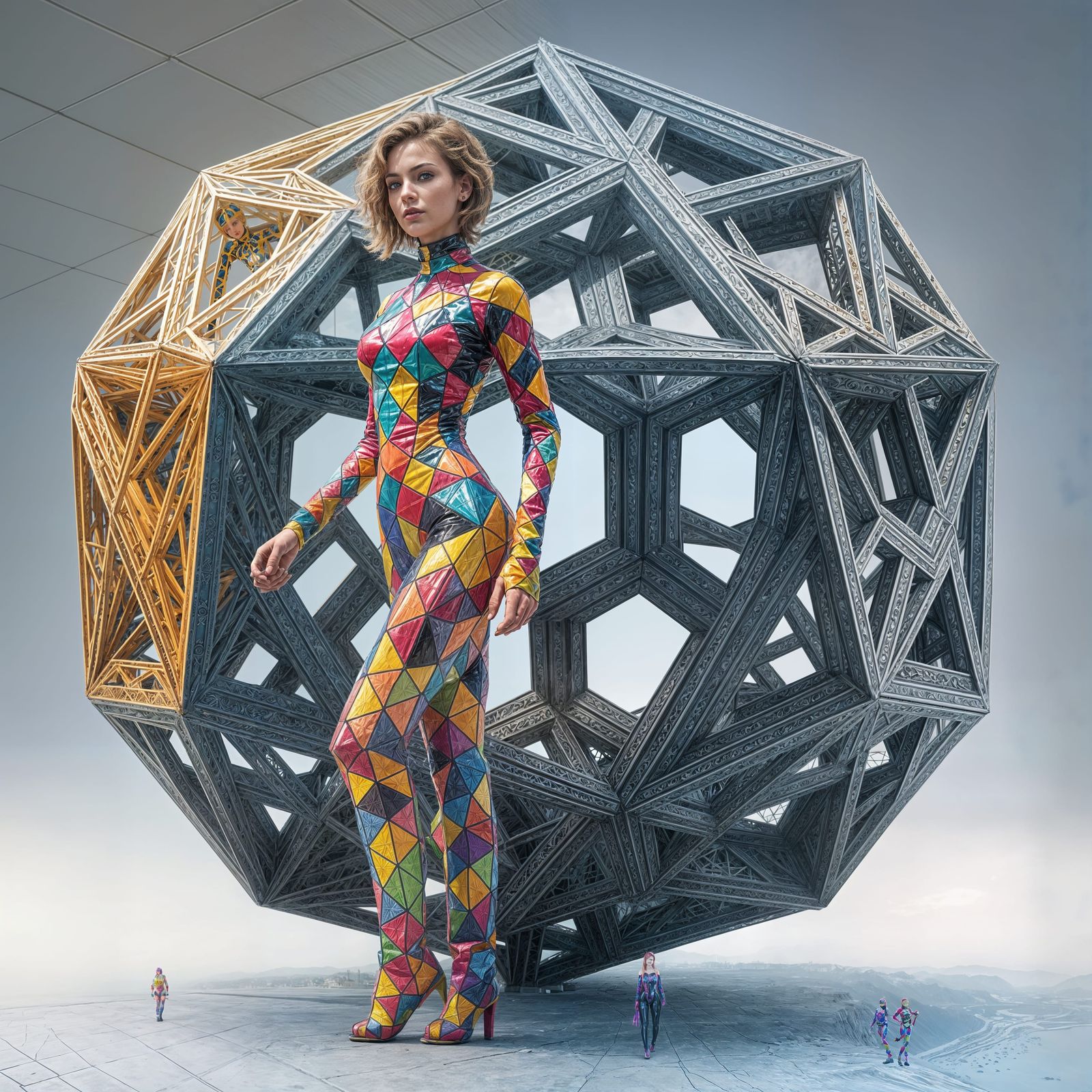 Beautiful Woman Builds Dodecahedron in Latex Overall