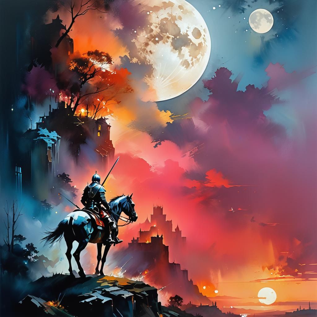 Knight on horse back silver armour moon lit night by Thomas ...