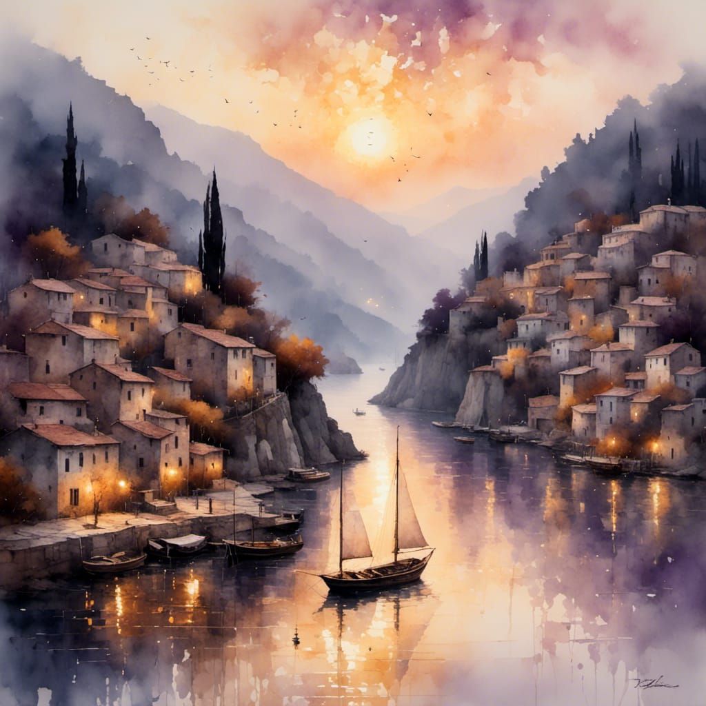 Dawn over Greek Settlement with Waterfall and Wharves