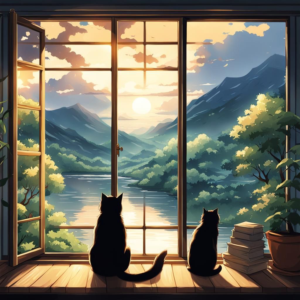 Anime River View Through a House Window, Felt by Furry Frien...