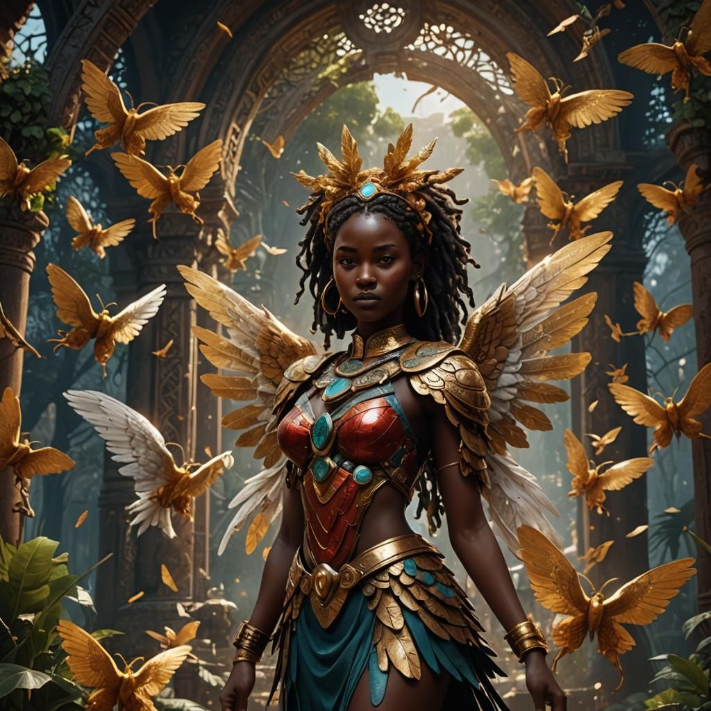 Surreal African Angel Girl in a Fantastical Landscape