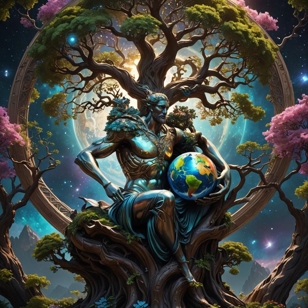 Ethereal Statue in Cosmic Landscape, Tree of Life Radiates i...