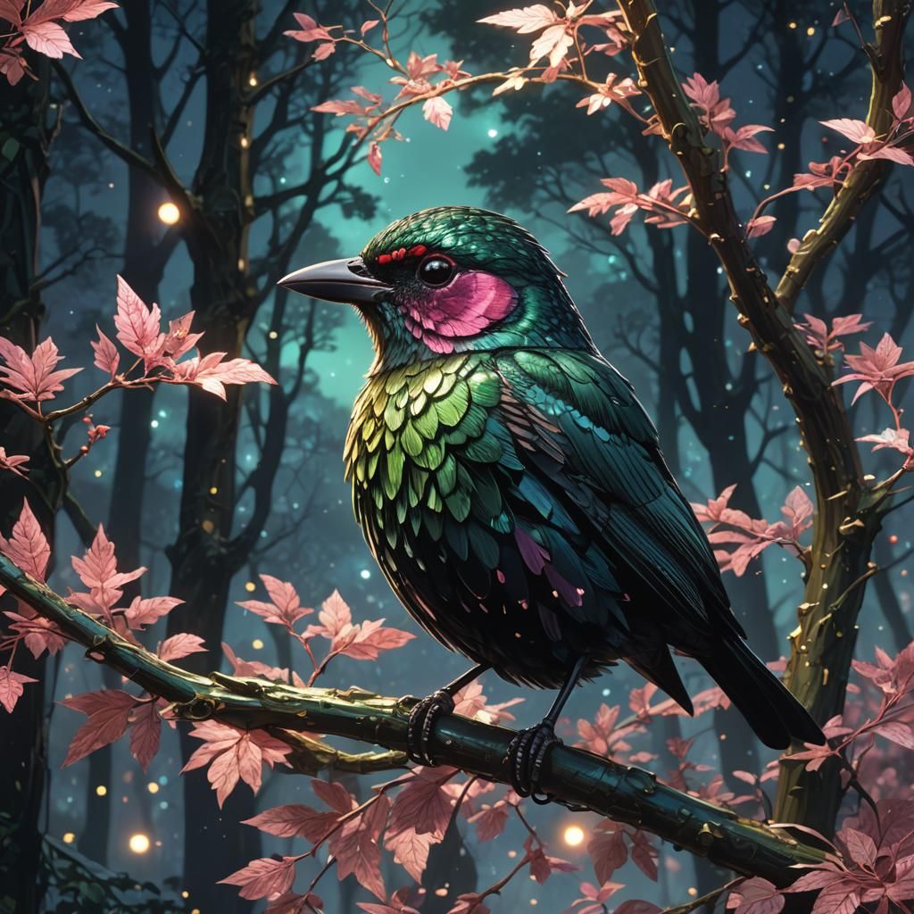 Ethereal Tourmaline Bird Shines Amidst Triadic Hues
