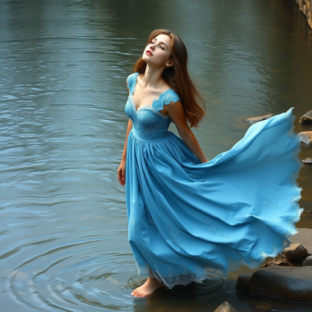 Serene Lady in Blue Silk Dress at the Edge of a Whimsical St...