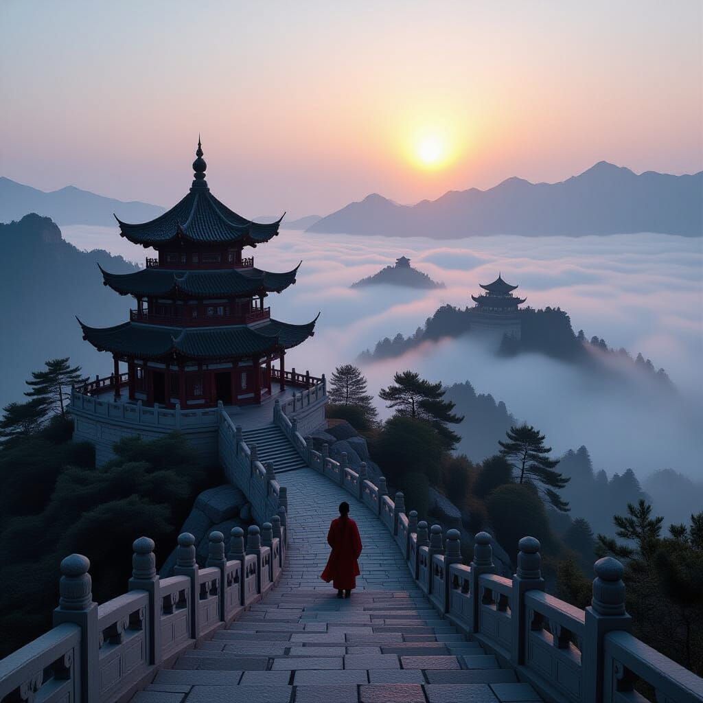 Epic Chinese Temple Landscape at Sunset
