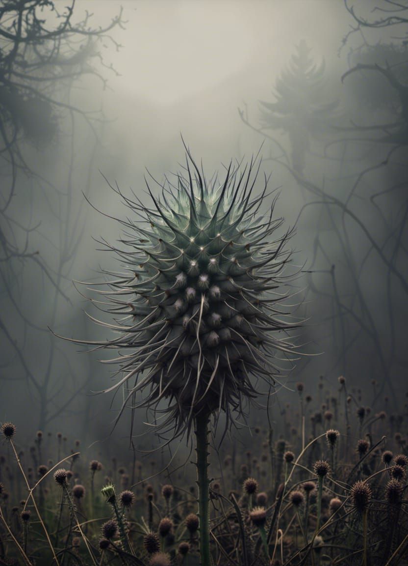 Surreal Thistle Monster Emerging from Foggy Landscape