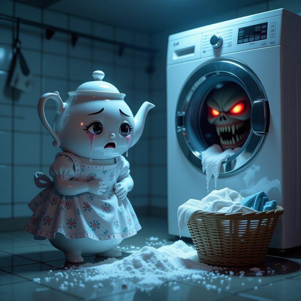 Terrified Teapot in Laundry Room, Hyperrealistic Style