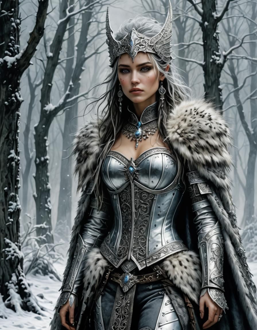 Ethereal Ice Maiden in Fierce Grey-White Fur Armor