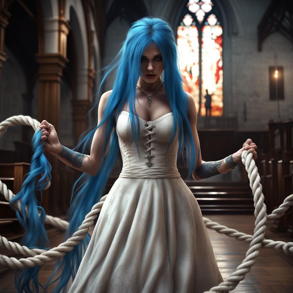hot emo girl with long blue hair and ponytail getting dragged by a rope on her tied hands to her wedding at a church wit...